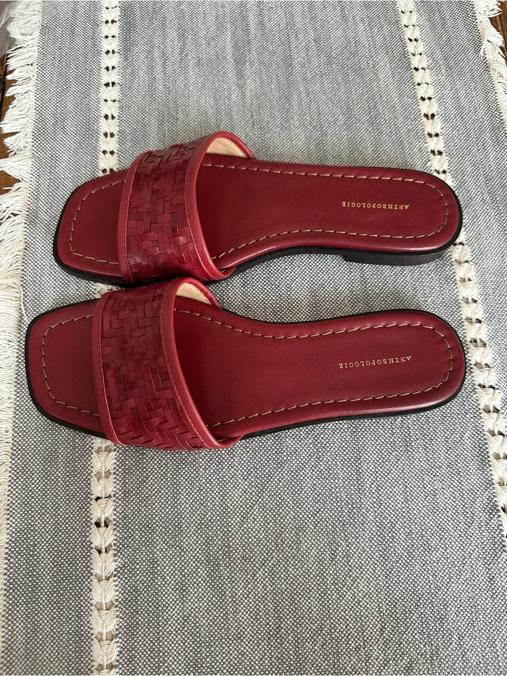 Anthropologie Red Woven Slide Sandals